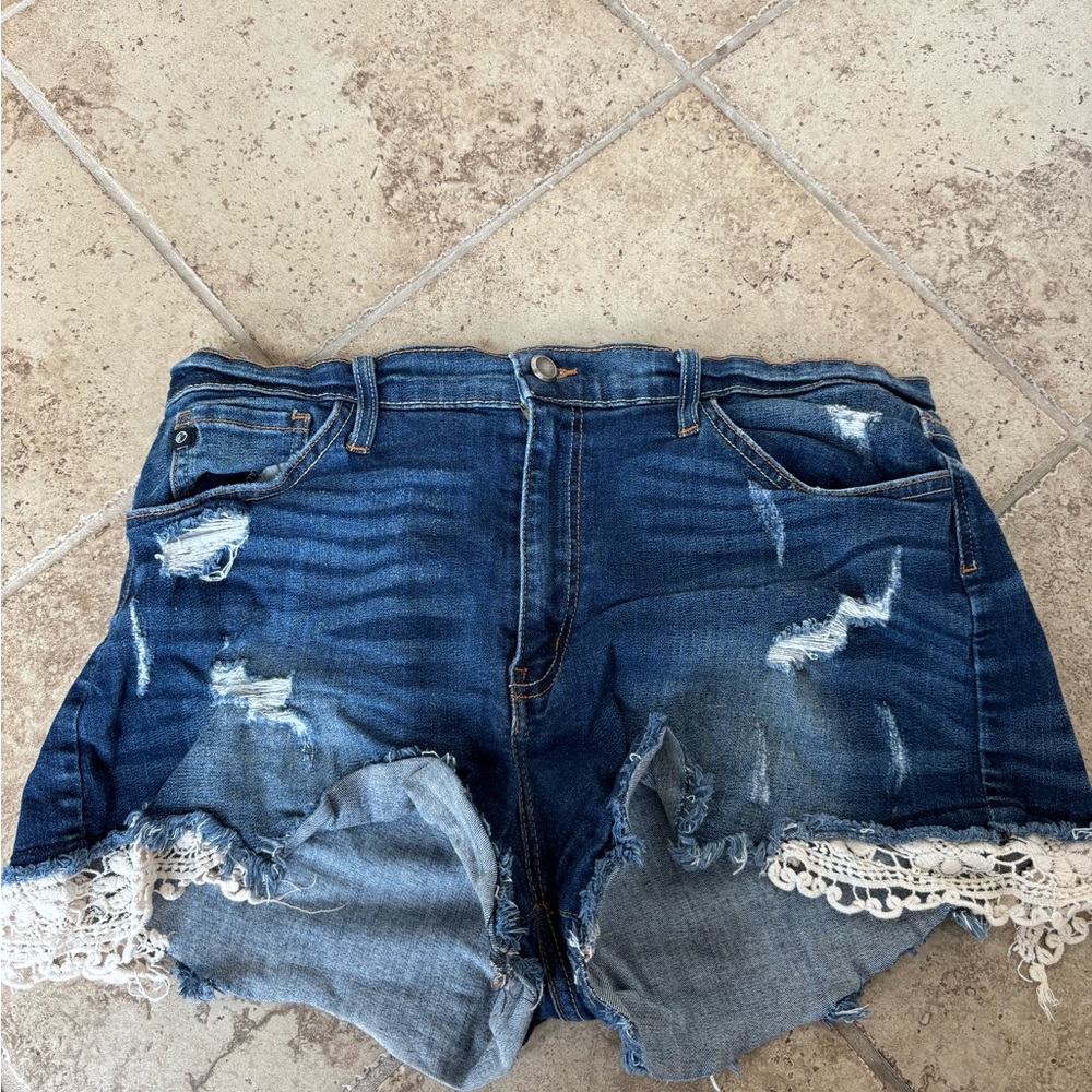 KanCan Blue Distressed Jean Shorts with Lace Trim